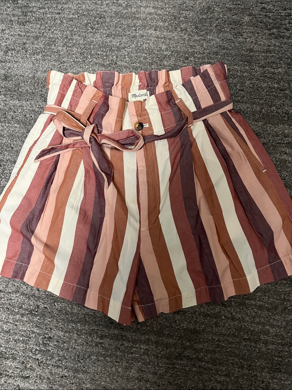 Madewell Rose, Cream & Rust Stripe High-Waist Paperbag Shorts